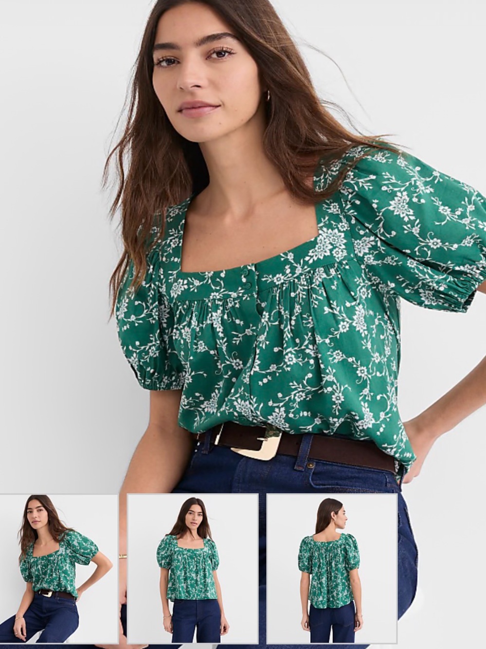 LOFT Emerald Green Floral Square-Neck Puff Sleeve Blouse NWT